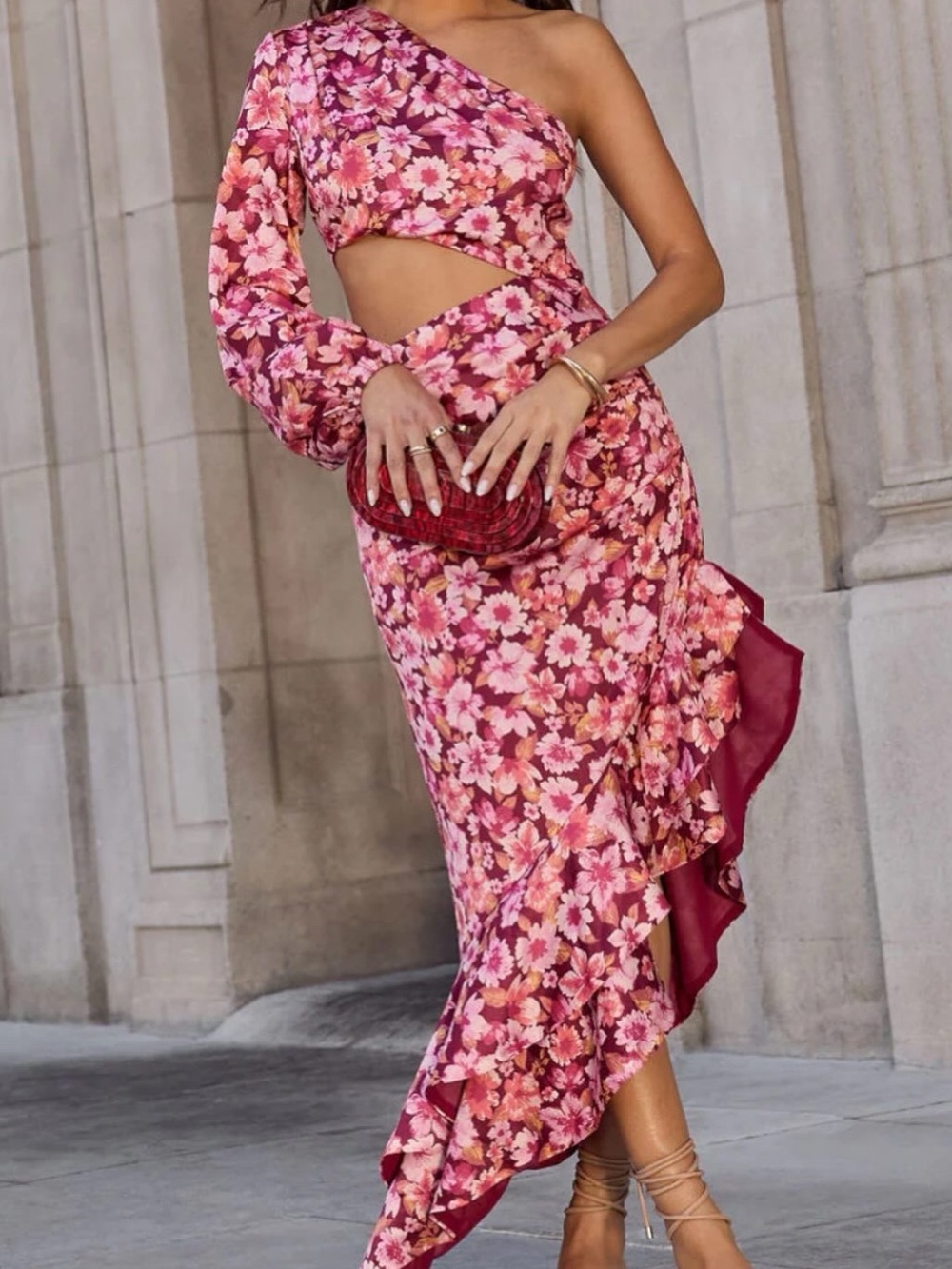 Vici One-Shoulder Pink Floral Midi Dress